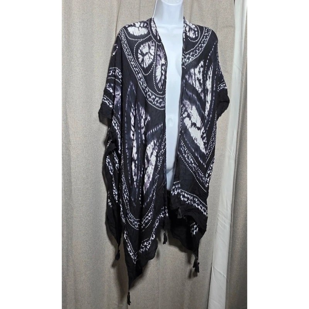 Mudd Black White Tie Dye Kimono Cardigan Tassel Trim One Size Boho Layer